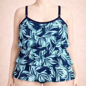 Maxine Of Hollywood Blue Floral Layered Ruffles Adj Strap Swimsuit  20w NWT